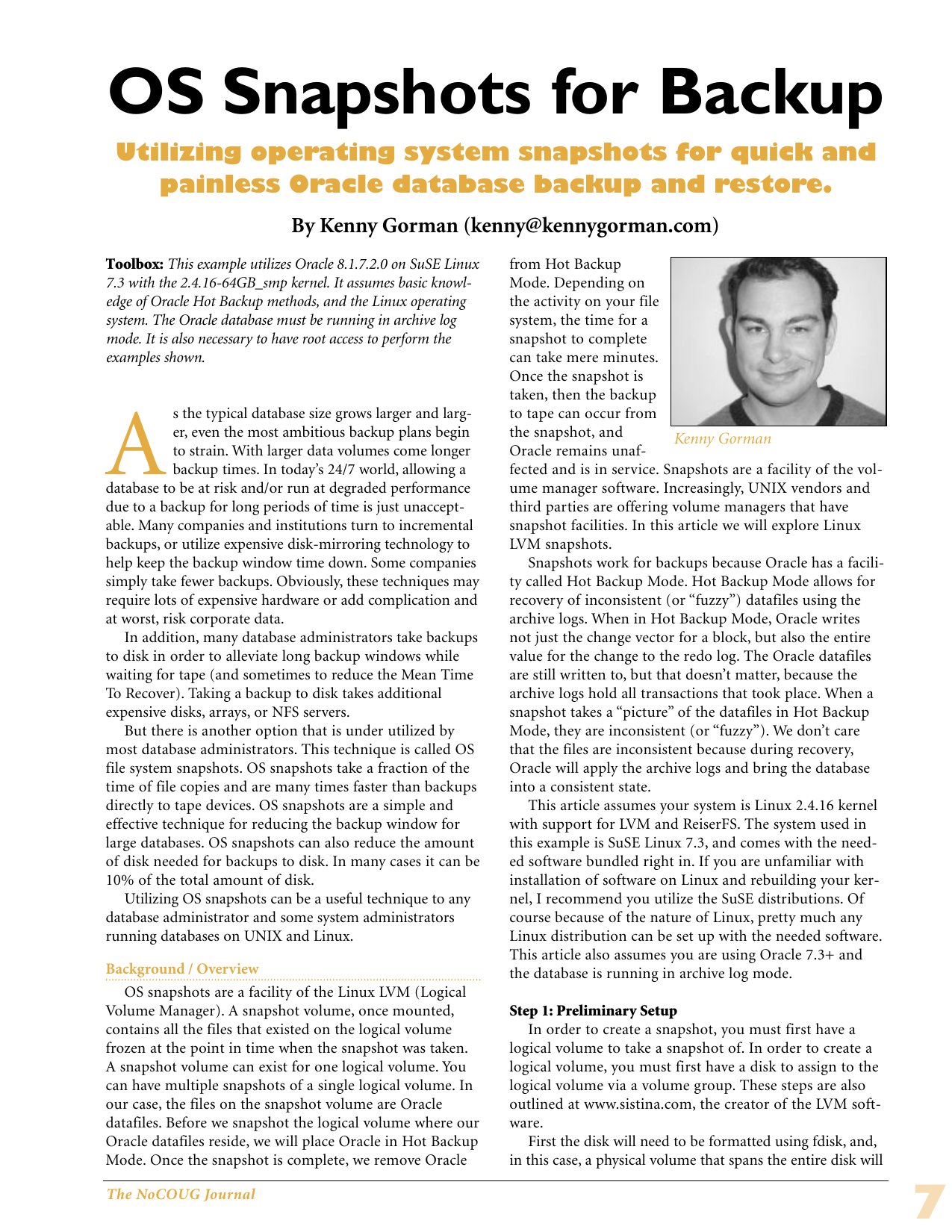 My First Published Article (2002): OS Snapshots for Backup in the NOCOUG Journal